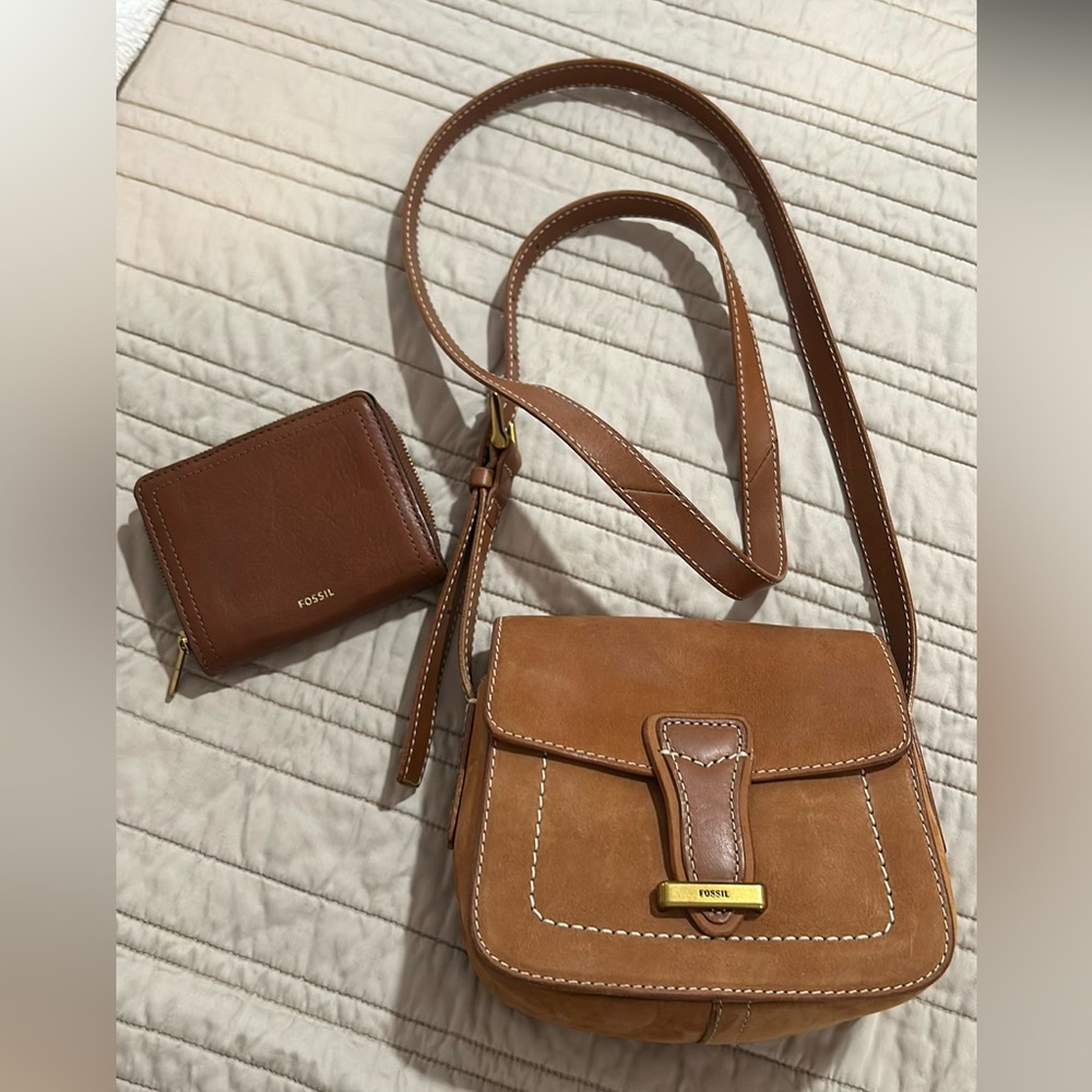 Fossil Brown Suede Leather Crossbody Bag and Wallet Set